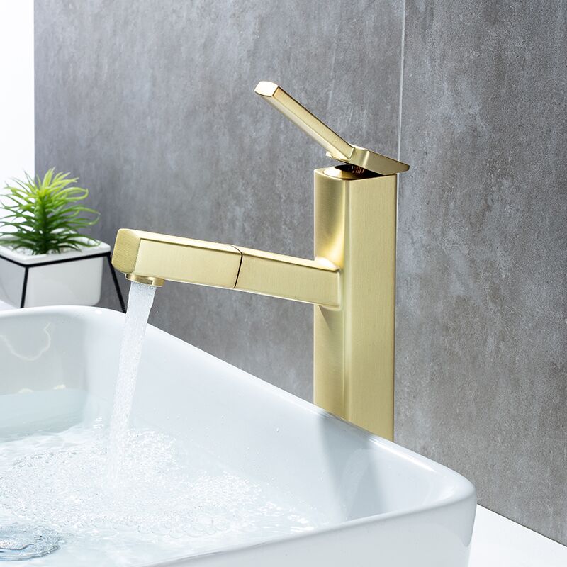 Solid brass matte gold pull-out bathroom hot and cold faucet Solid brass matte gold pull-out bathroom hot and cold faucet