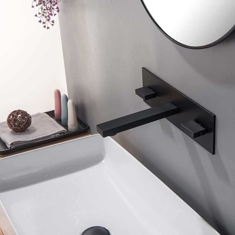 brass 2 lever handles square wall mounted Waterfall bathroom sink basin faucet-6