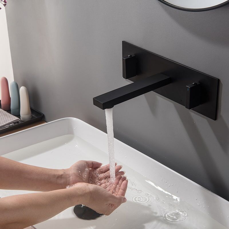 brass 2 lever handles square wall mounted Waterfall bathroom sink basin faucet-8